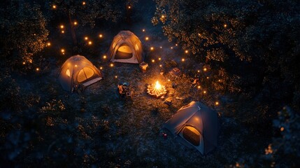 Birds-eye view of a cozy camping scene, with tents, fairy lights, a campfire, and a starry sky. Peaceful night outdoors.