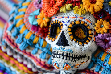 Traditional mexican day of dead celebration, people in costumes with face art paint make up, Generative AI