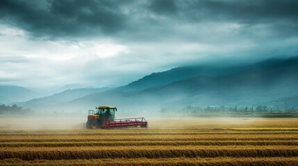 Naklejka premium A rice harvester operating under cloudy skies, with the bright colors of the machine standing out against the muted tones of the landscape, capturing the rugged beauty of the harvest season.