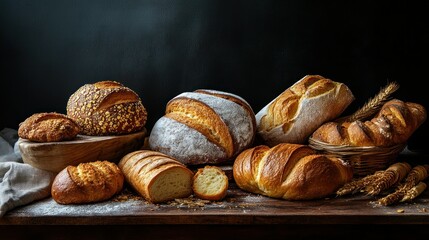 Assortment of Freshly Baked Bread on Wooden Table