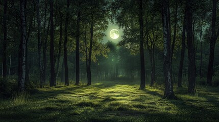 Fototapeta premium A full moon shines through a dense forest, casting long shadows on the grassy forest floor.