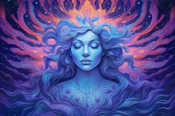 A surreal portrait of a serene woman surrounded by vibrant colors.