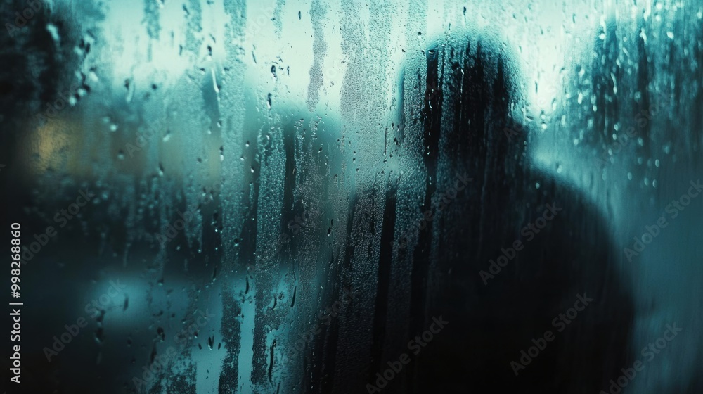Aufkleber A figure stands by a window, observing raindrops trickling down the glass, embodying solitude and deep introspection in a moody atmosphere. Generative AI
