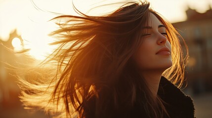 An artistic shot of a woman flipping her hair back in slow motion, with the sunlight catching the strands, conveying freedom and confidence in one hairstyle.