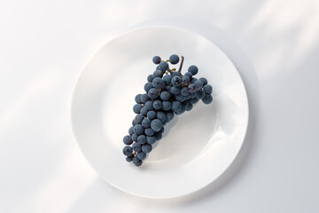 Ripe grapes on a white plate, clipping path. Branch of ripe grape on plate. Juicy grapes on white background, closeup.