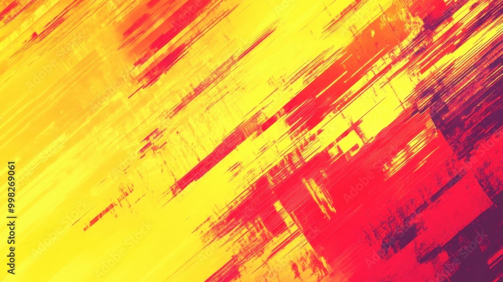 Poster bright yellow and red glitch noise texture, abstract pixelated distortion creating a dynamic digital