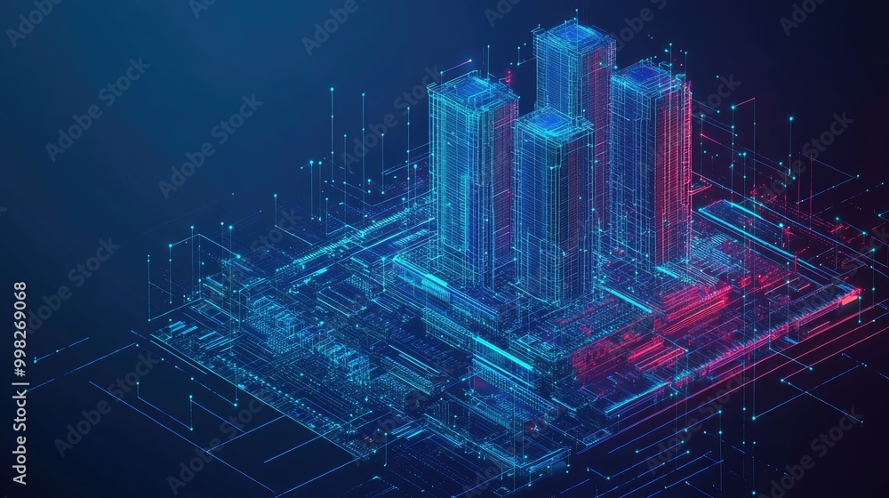 Poster low poly wireframe illustration of building automation featuring a computer board set against a dark
