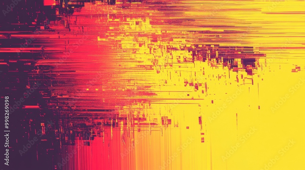 Poster bright yellow and red glitch noise texture, abstract pixelated distortion creating a dynamic digital