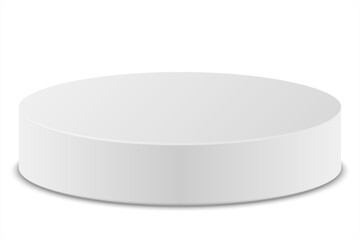 Empty white round podium with shadows on white background. Abstract 3d platform or cylinder pedestal. product display stand. Scene for cosmetic product advertising, showcase. Mockup or showroom arena.