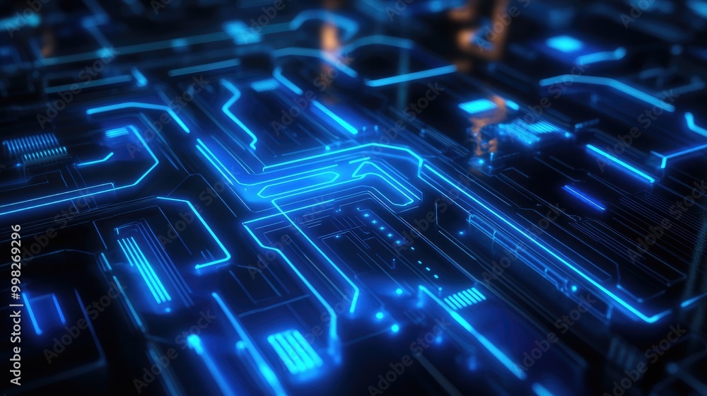 Poster futuristic blue circuit board design featuring glowing lines and complex pathways perfect for techno