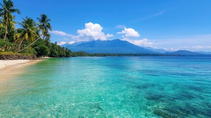 Fototapeta premium Picture of a beach with clear, clean sea and coconut trees
