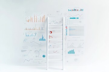a stylized representation of a ladder, with each rung composed of various infographic elements, such as charts and graphs, symbolizing growth and progress