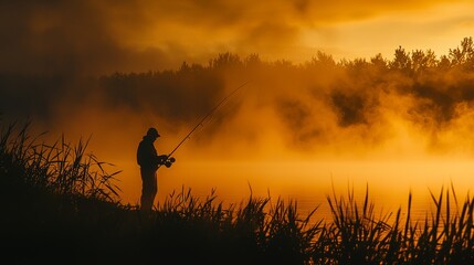 Fototapeta premium Silhouette of a fisherman at dawn, casting a line into a fog-covered river under a sunrise-lit sky, evoking peace and the mystical allure of fishing.