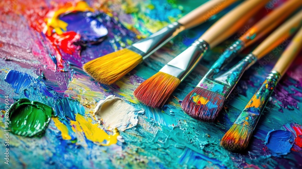 Poster a palette filled with vibrant colors and paintbrushes rests near an abstract artwork where creative 
