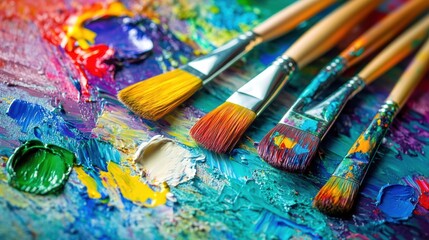 Fototapeta premium A palette filled with vibrant colors and paintbrushes rests near an abstract artwork where creative strokes come to life. Generative AI