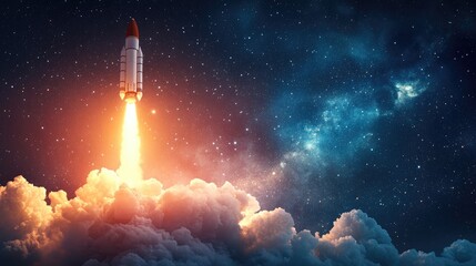 Rocket launching into the cosmos surrounded by smoke against a starry backdrop Ideal for space themed designs and wallpapers with room for text