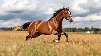 Galloping Horse in a Scenic Field Under Blue Sky