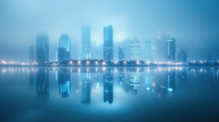 Obraz premium City skyline reflected in misty water, glowing lights creating a calm, modern urban scene with soft blue tones.