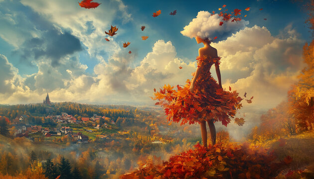 Beautiful magical surrealistic image of autumn, a magical girl with clouds in her hair and a dress made of autumn leaves walks high in the sky, below you can see a landscape of a forest and a cozy vil