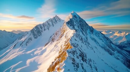 Obraz premium Sunrise sky with the first light touching snowy mountain peaks, ideal for winter sports and travel campaigns.
