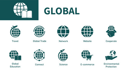 Global Icons. Set of solid vector icons themed earth, globe, connection, website, travel.