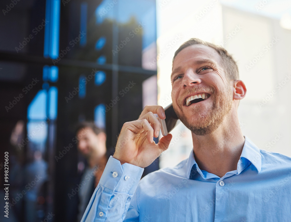 Aufkleber business man, phone call and laugh on office balcony with public relations worker and planning. city