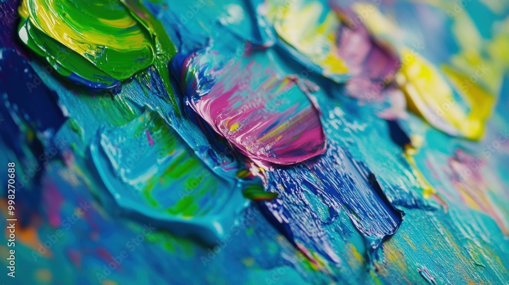 Poster bright splashes of color adorn the paint palette, while various brushes lean against a canvas filled