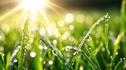 Fototapeta premium Dewy Grass Under Bright Morning Sunlight