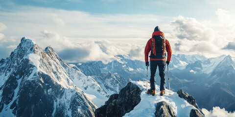 Pristine Mountain Summit: A mountaineer standing atop a snow-capped mountain, taking in the breathtaking panoramic view of the surrounding peaks.