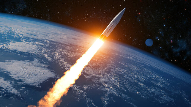 An ICBM Cutting Through the Atmosphere, Leaving a Bright Trail with Earth's Curvature Visible in the Background