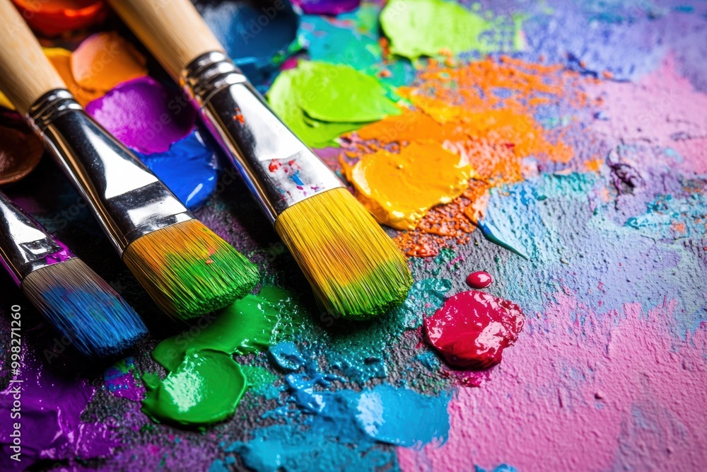 Poster bright colors splatter across the palette, while paintbrushes rest against a canvas filled with dyna