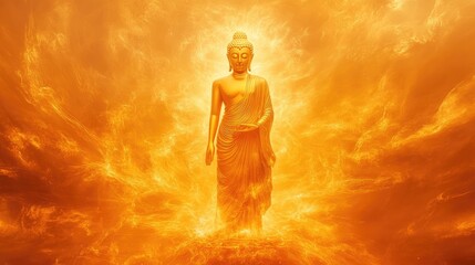 Obraz premium Beautiful golden Buddha image standing gracefully amidst swirling fluffy orange rays, set against a stunning radiant light backdrop