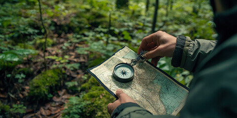 Wilderness Survival Test: A person using a compass and a map to navigate through a dense wooded area, facing various challenges along the way.