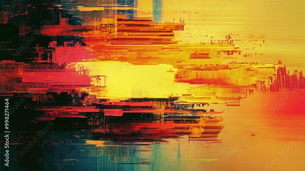 Poster conceptual digital glitch noise effect with vibrant yellow and red tones, pixelated distortion creat
