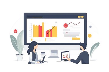 Fototapeta premium Two people analyzing data on a large screen.