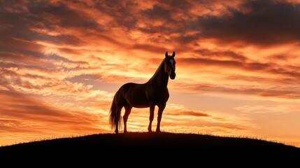 Majestic Horse Silhouette Against Sunset Sky