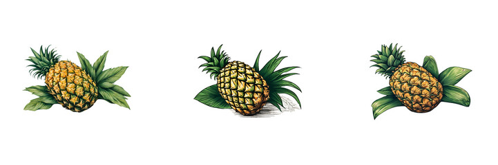 set of hand drawn pineapple fruit with texture