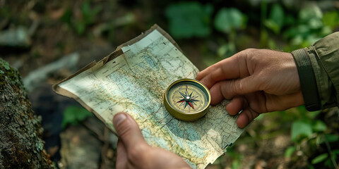 Wilderness Survival Test: A person using a compass and a map to navigate through a dense wooded area, facing various challenges along the way.