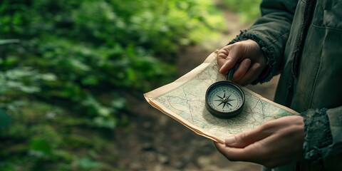 Wilderness Survival Test: A person using a compass and a map to navigate through a dense wooded area, facing various challenges along the way.