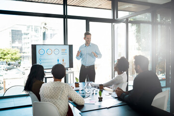 Office, businessman and training for presentation with screen, opinion and feedback in workshop....