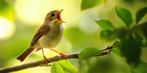 Obraz premium Nature's Symphony: A closeup of a bird perched on a branch, singing its melodious song amidst a lush forest backdrop.