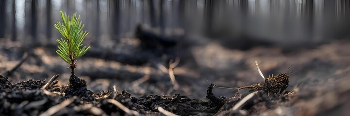 Pine shoots grow in the middle of a burned forest area