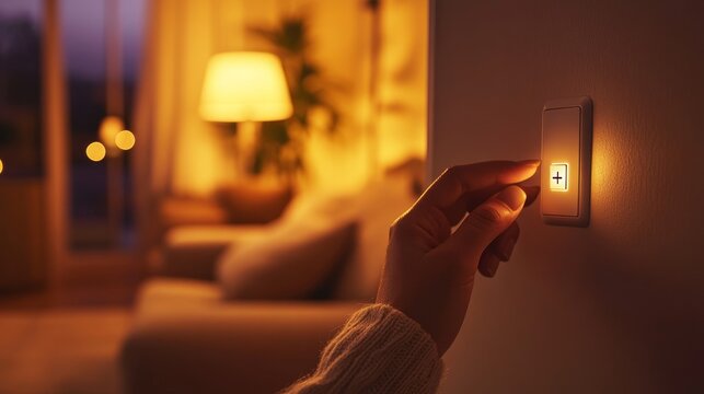A hand adjusting a dimmer switch on the wall in a softly lit, cozy room with a lamp and blurred background.