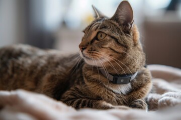 Close-up Portrait of a Tabby Cat with Collar Looking Out the Window