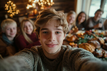 Obraz premium Happy bug full family celebrating thanksgiving together having best bonding time, Generative AI