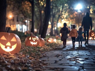 Obraz premium Spooky Halloween carnival at night family walking through glowing jack-o-lantern displays