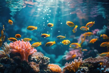 Obraz premium Colorful Coral Reef Teeming with Vibrant Fish and Marine Life Underwater