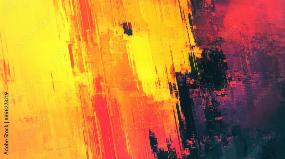 Poster distorted pixelated texture with vibrant yellow and red glitch noise effect, creating a bold, concep