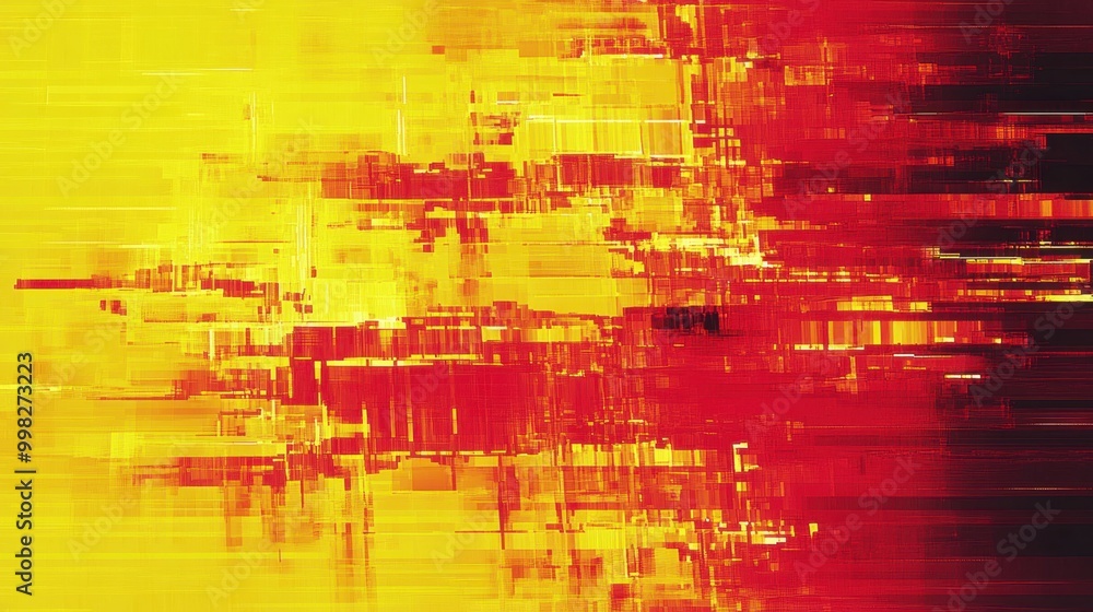 Poster distorted pixelated texture with vibrant yellow and red glitch noise effect, creating a bold, concep