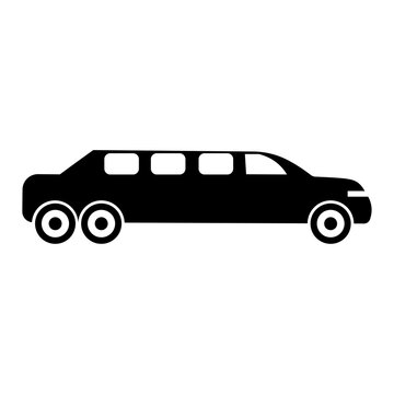 recommend clip art: Limousine icon, long vehicle design, luxury car representation, side view, transportation, sleek outline, simple silhouette, clear lines, black and white car icon, elegant shape.